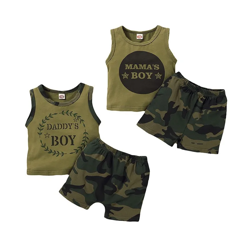 Kids Toddler Baby Boy Fashion Clothes Set Letters Print Sleeveless Vest Top + Camouflage Shorts 2PCS Outfit Summer Clothing