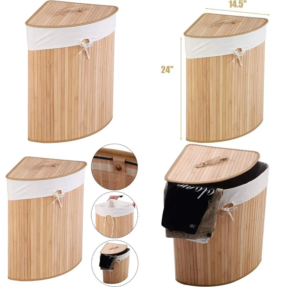 سلة غسيل من الخيزران مع غطاء وبطانة قابلة للإزالة، سلة تخزين زاوية للملابس، مناسبة للغسيل والتنظيم