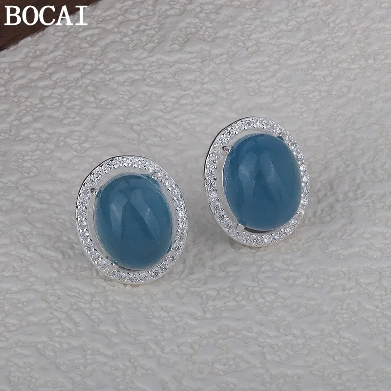

BOCAI S925 Sterling Silver Fashionable And Romantic Diamond Studded Aquamarine Earrings
