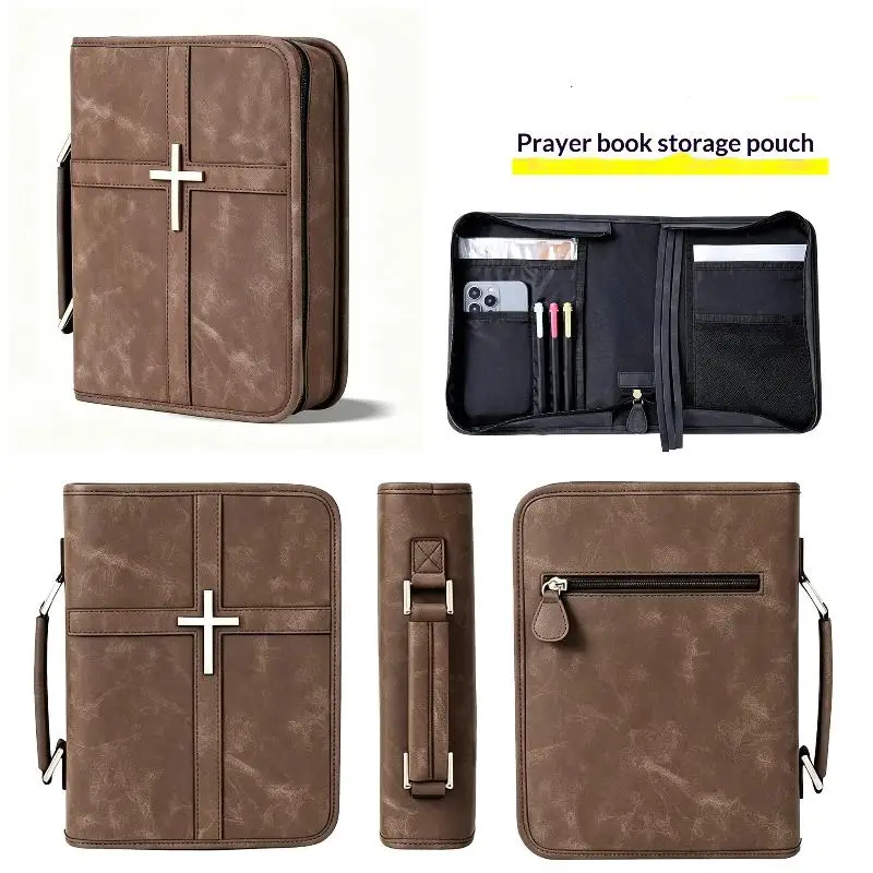 Cross Theme Vegan Leather Cover Dust Proof Phone Pocket Carrying Case Built in Bookmark Ribbon