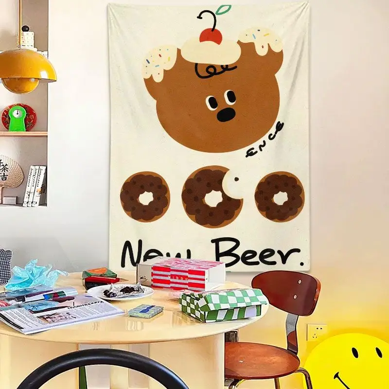 VIKAMA Cute Bear Donut Tapestry, Korean-Style Instagram-Worthy Cartoon Bear Wall Hanging, Bedroom Home Decor