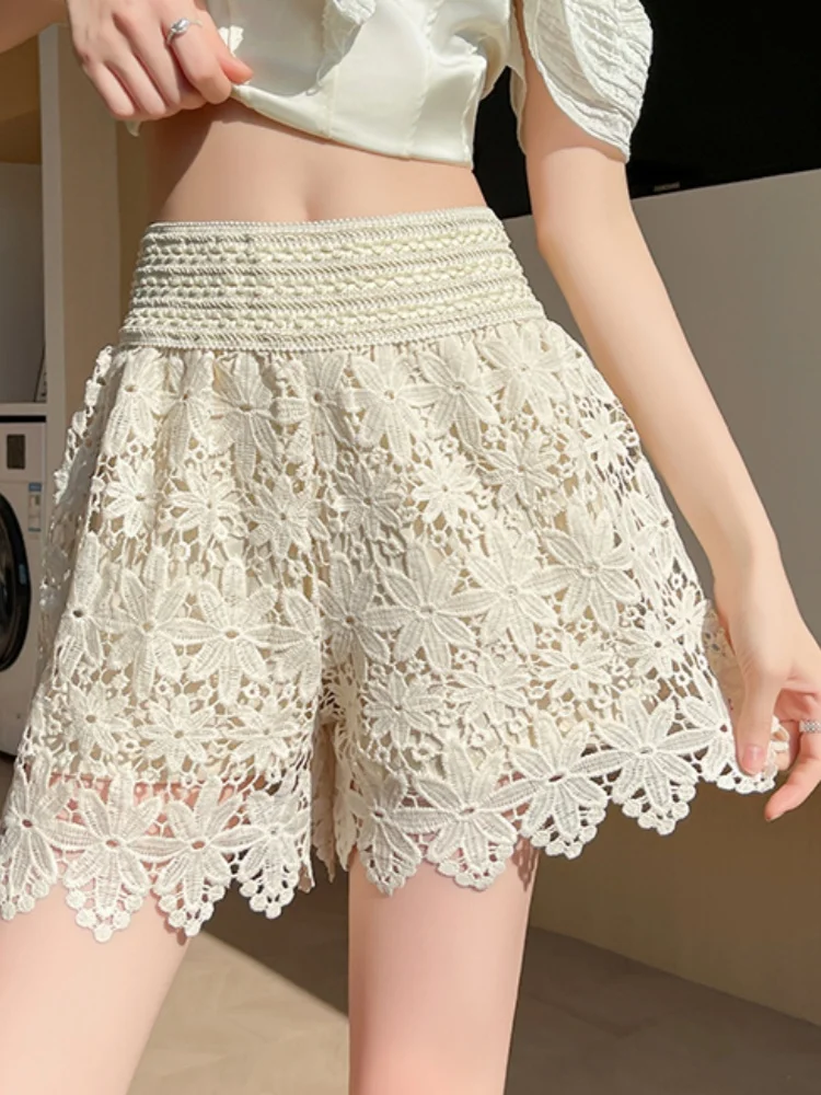 SMTHMA 여성 레이스 속이 빈 여름 반바지 숙녀 탄성 높은 허리 반바지 팬티 파티 Clubwear
