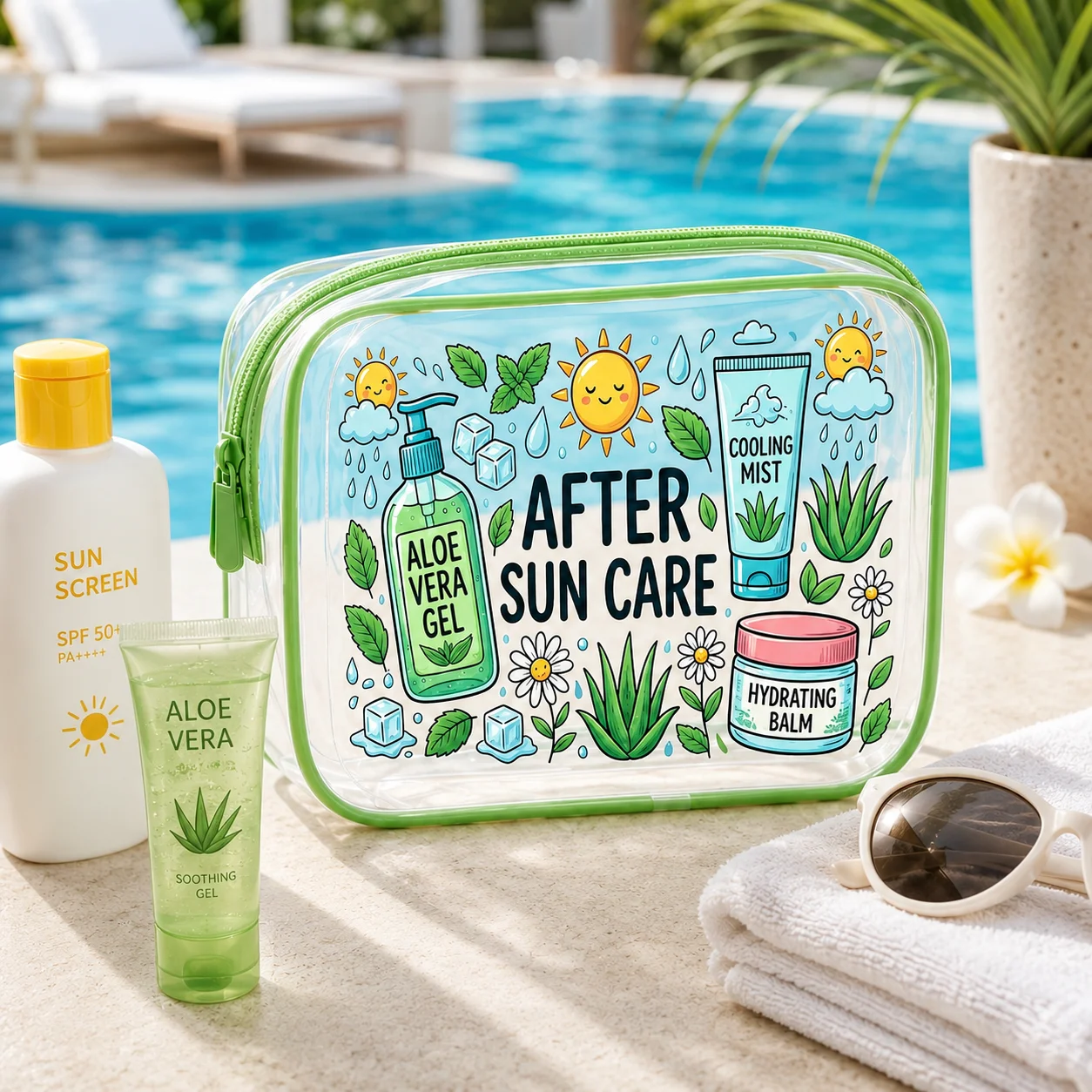 After Sun Care Clear PVC Toiletry Bag, Green Zipper Waterproof Cosmetic Organizer for Women, Beach, Pool, Bathroom & Travel
