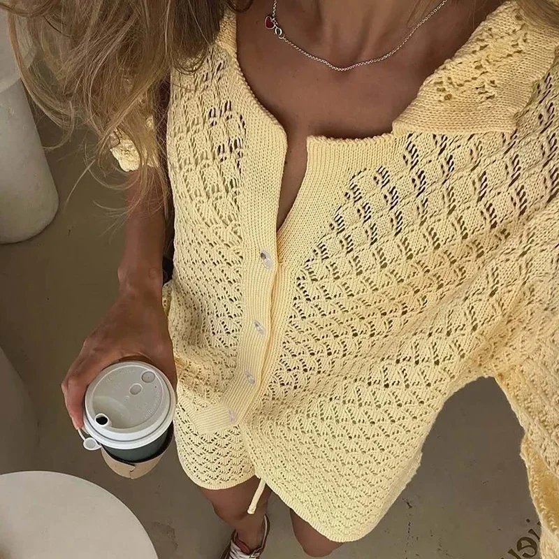 

Hollow Out Knit Crochet Outfit Woman Single Breasted Lapel Shirt Top & Lace Up Short Sets Solid Spring Summer Beach Suit