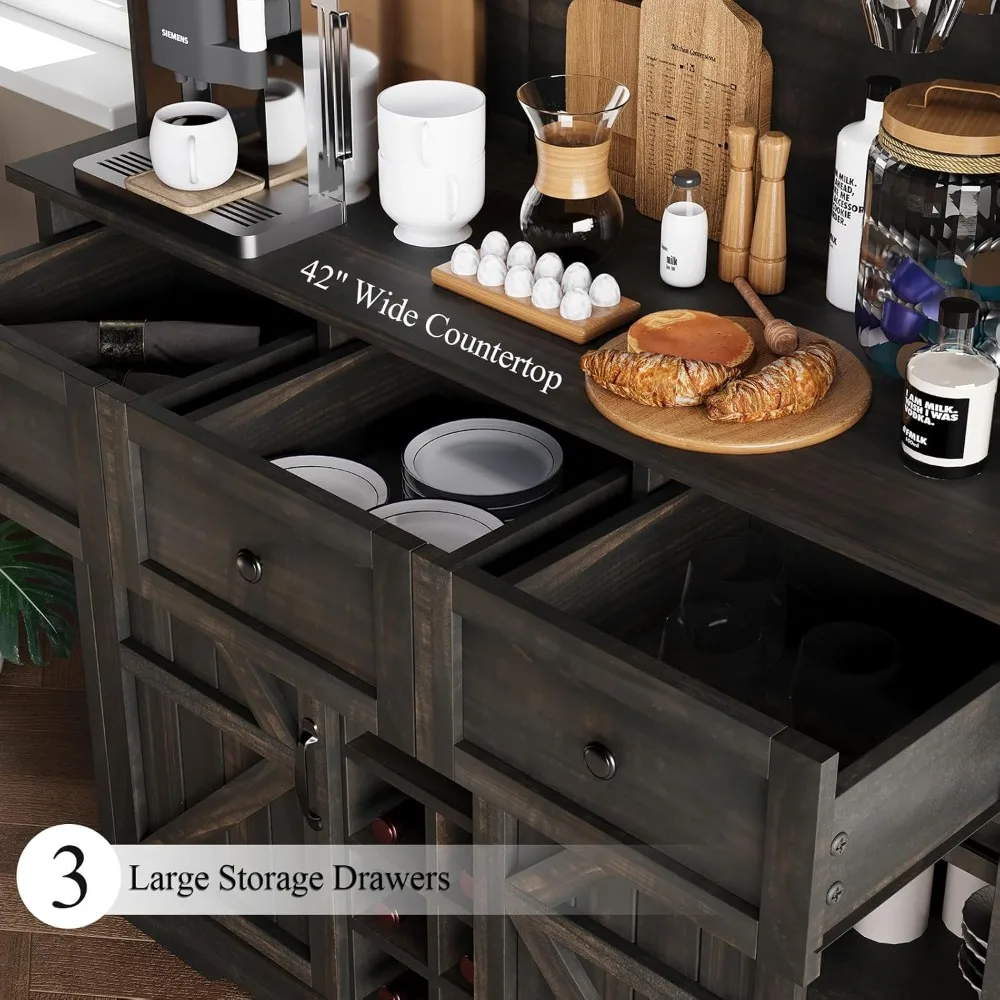 72 Armadietto da bar con anta scorrevole per fienile e portabottiglie, mobile con cassettiera con contenitore e 3 cassetti, Farmhouse Cof