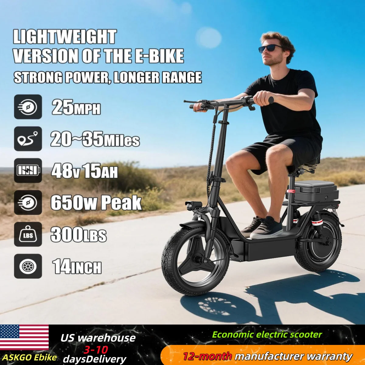 

Экономичный самокат ASKGO K11, пиковая мощность 650 Вт, 25 миль в час, дальность действия 35 миль, 14-дюймовые вездеходные шины, склад в США, доставка в США