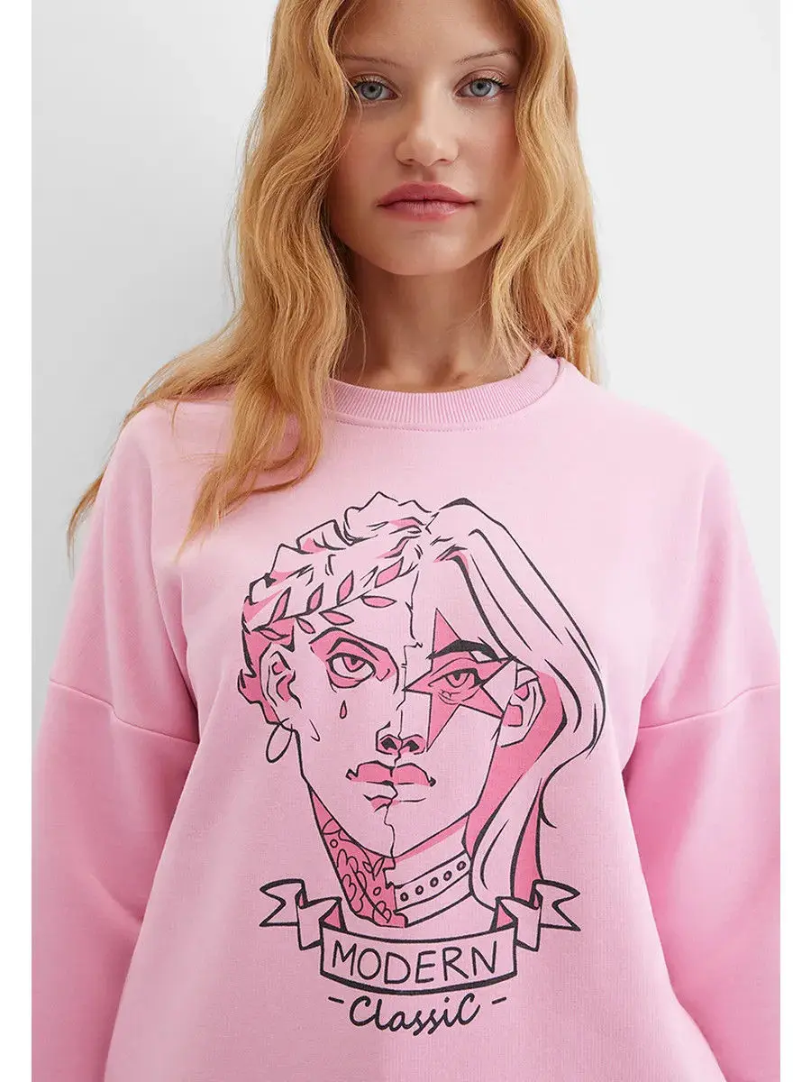 Urocze bluzy w stylu francuskim z różowym nadrukiem, eleganckie damskie bluzy streetwearowe z okrągłym dekoltem, oversize, modne jesienne bluzy z długim rękawem.