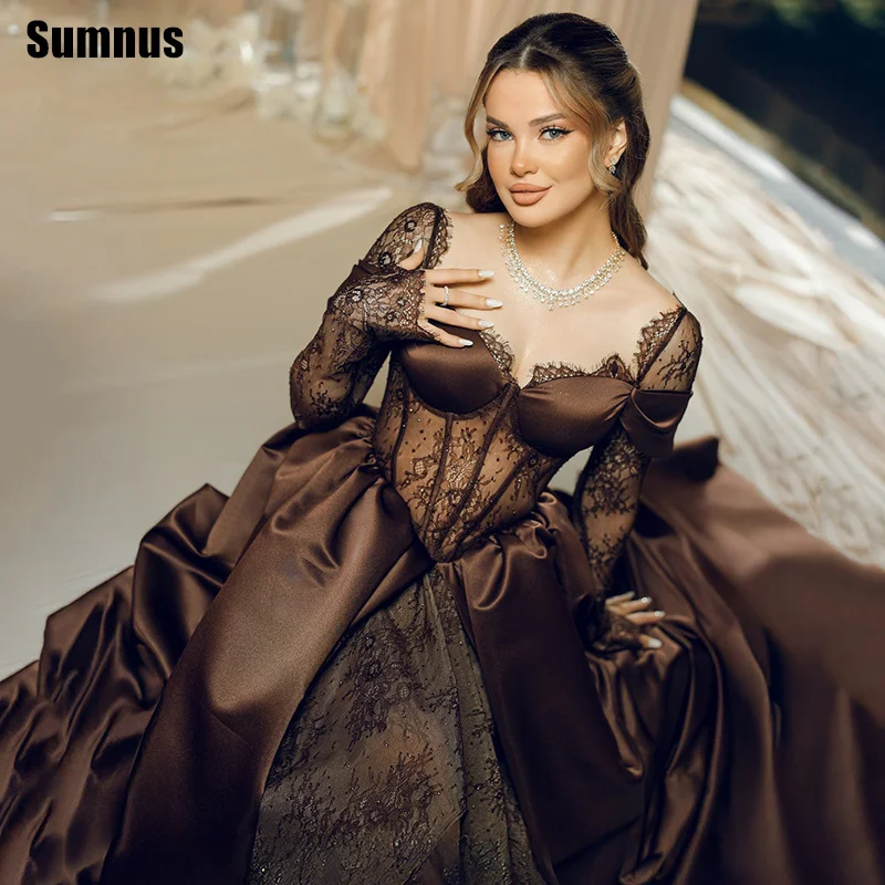 

Sumnus Charming A-Line Evening Dresses Square Collar Lace Satin High/Low Formal Dresses فساتين سهرة Customized