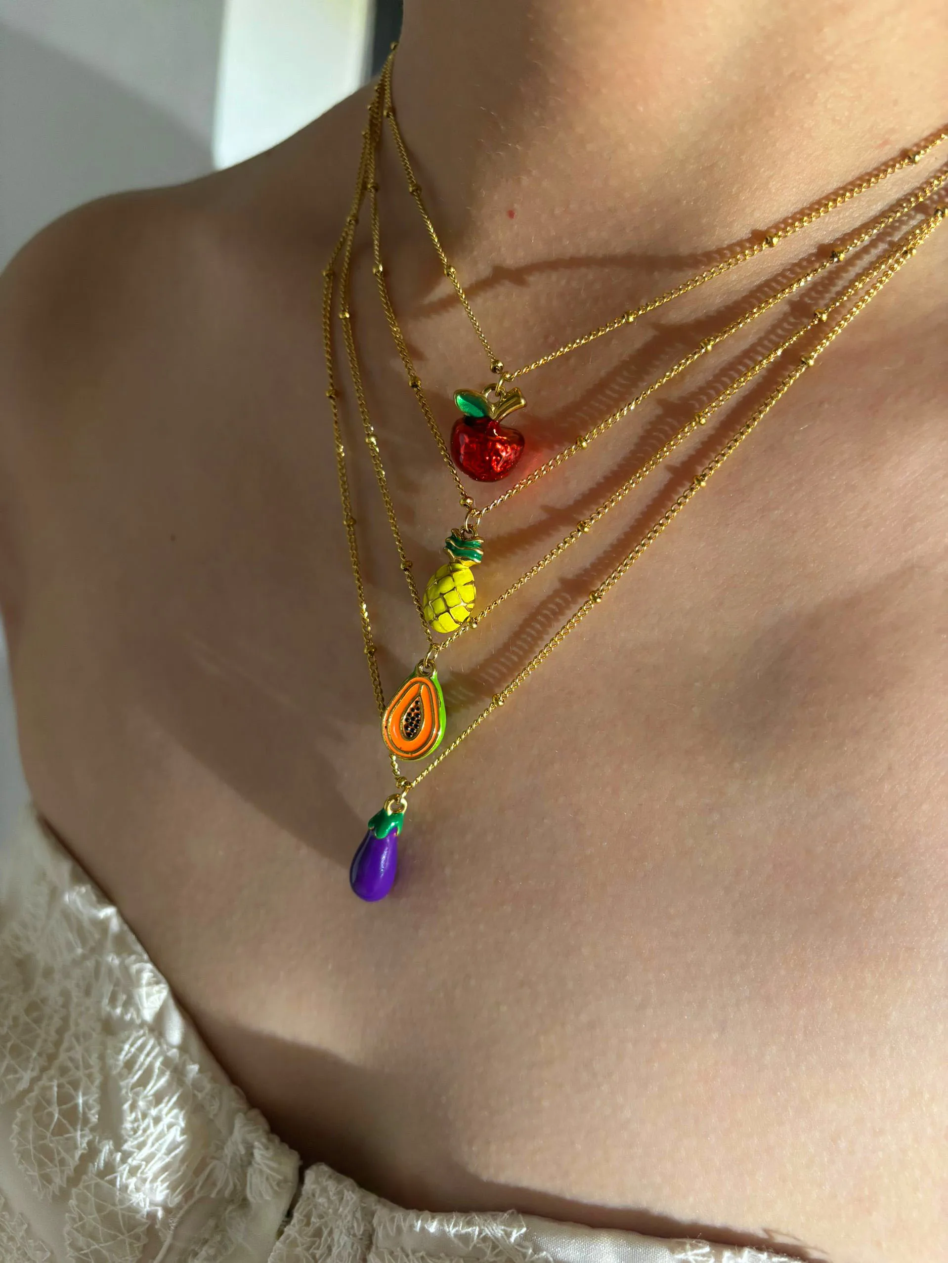 Peri'sbox 18K Gold-plated Necklace Avocado Apple Pineapple Eggplant Fruit Vegetable Enamel Pendant for Women High End Niche Gift