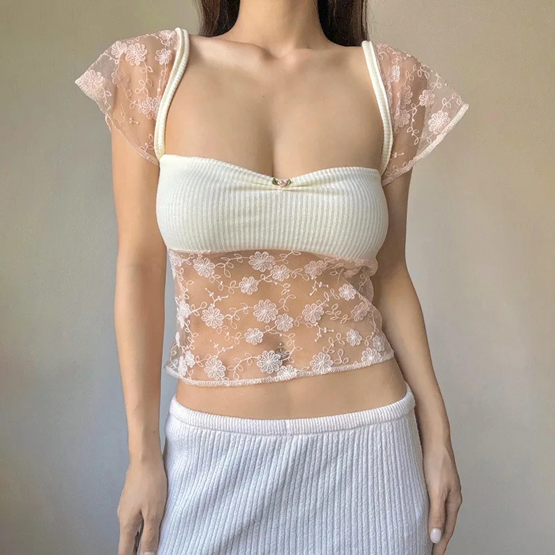 

Sexy Lace Patchwork Aesthetic Kawaii Sweet T Shirt Women 2024 Summer Fashion Short Sleeve Crop Tops Y2K Female Streetwear