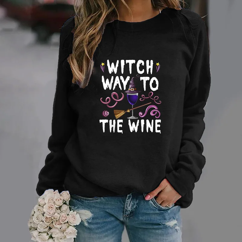 WITCH WAY TO WHE WINE Harajuku Pullover Women's New Fashion Autumn Long Sleeve Round Neck Pullover Top