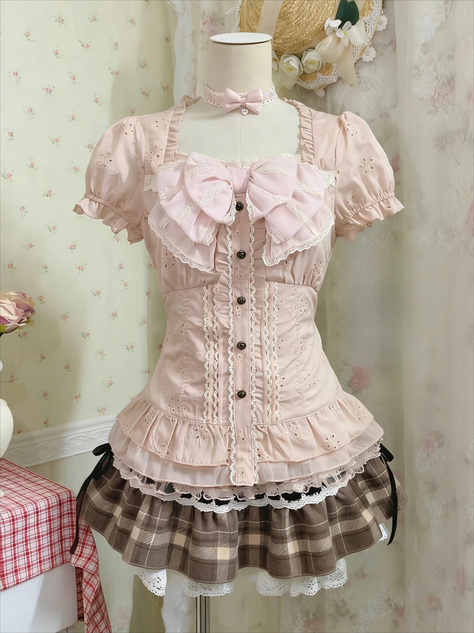Japanese Sweet Three Piece Set Women Lace Bow Blouse + Cami Top + Plaid Ruffle Mini Skirt Y2K Vintage Kawaii Korean Chic Outfits view 2