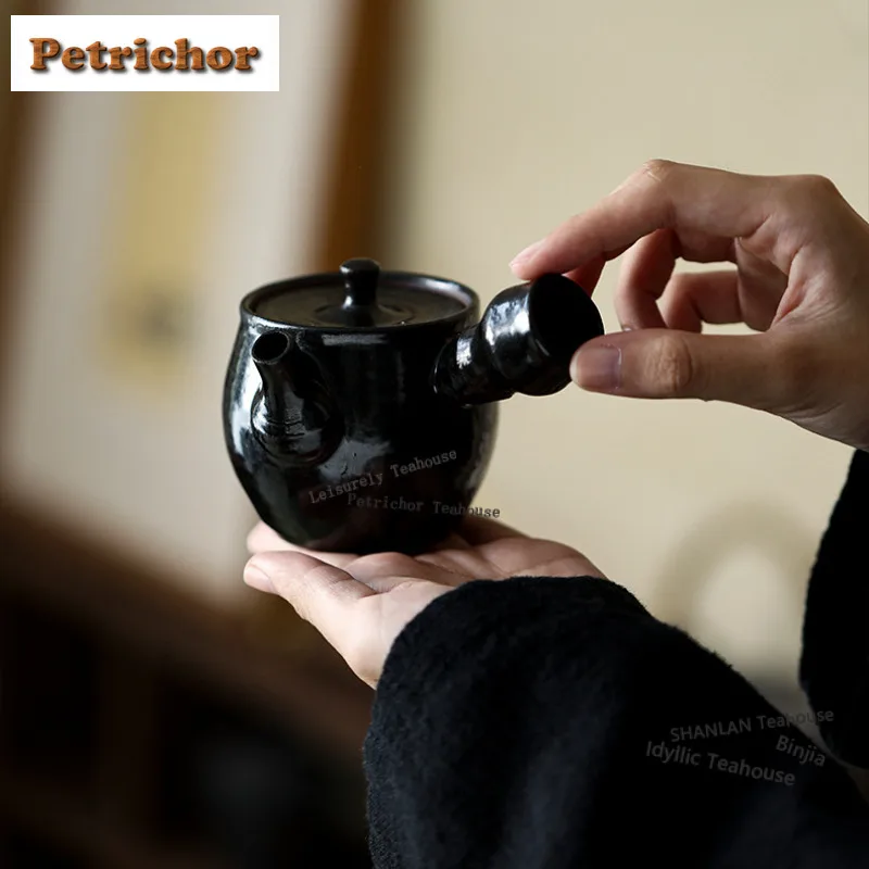 

160 мл черная золотая глазурь с боковой ручкой, чайник ручной работы, чайник для заварки чая, чайник с фильтром, чайный сервиз Улун, подарочные принадлежности