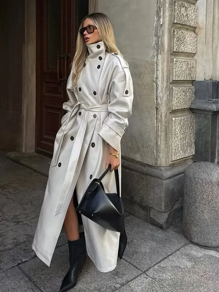 Siren Chic Autumn New Beige Lapel Long Trench Coats With Belt Double Breasted Loose Women Windbreaker Winter Female Overcoat