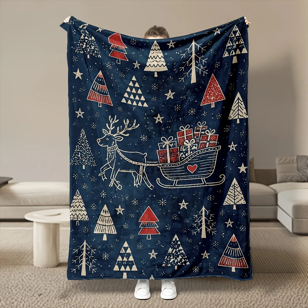 Festive Xmas Throw Blanket, Reindeer Pulling Gifts Winter Tree Star Print, Soft Warm All Season Blanket for Sofa Couch Bedroom