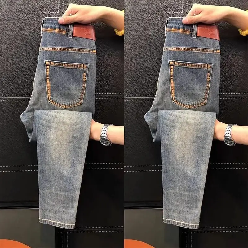 High-quality Jeans Men Italy Luxury Washed Blue Jeans Men's Summer New Business Trend Slim-fit Elastic Trousers Cowboy Pants Man