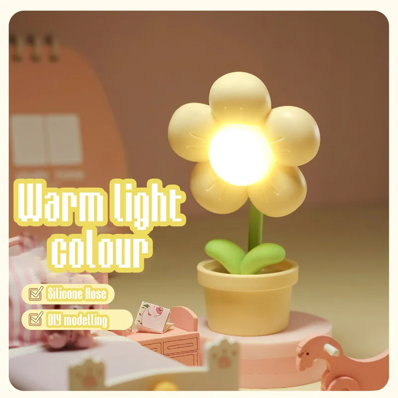 Mini LED Flower Night Light Cute Small Table Lamp Desktop Ornament Bedside Bedroom Ambient Lights Children Toy Kids Holiday Gift