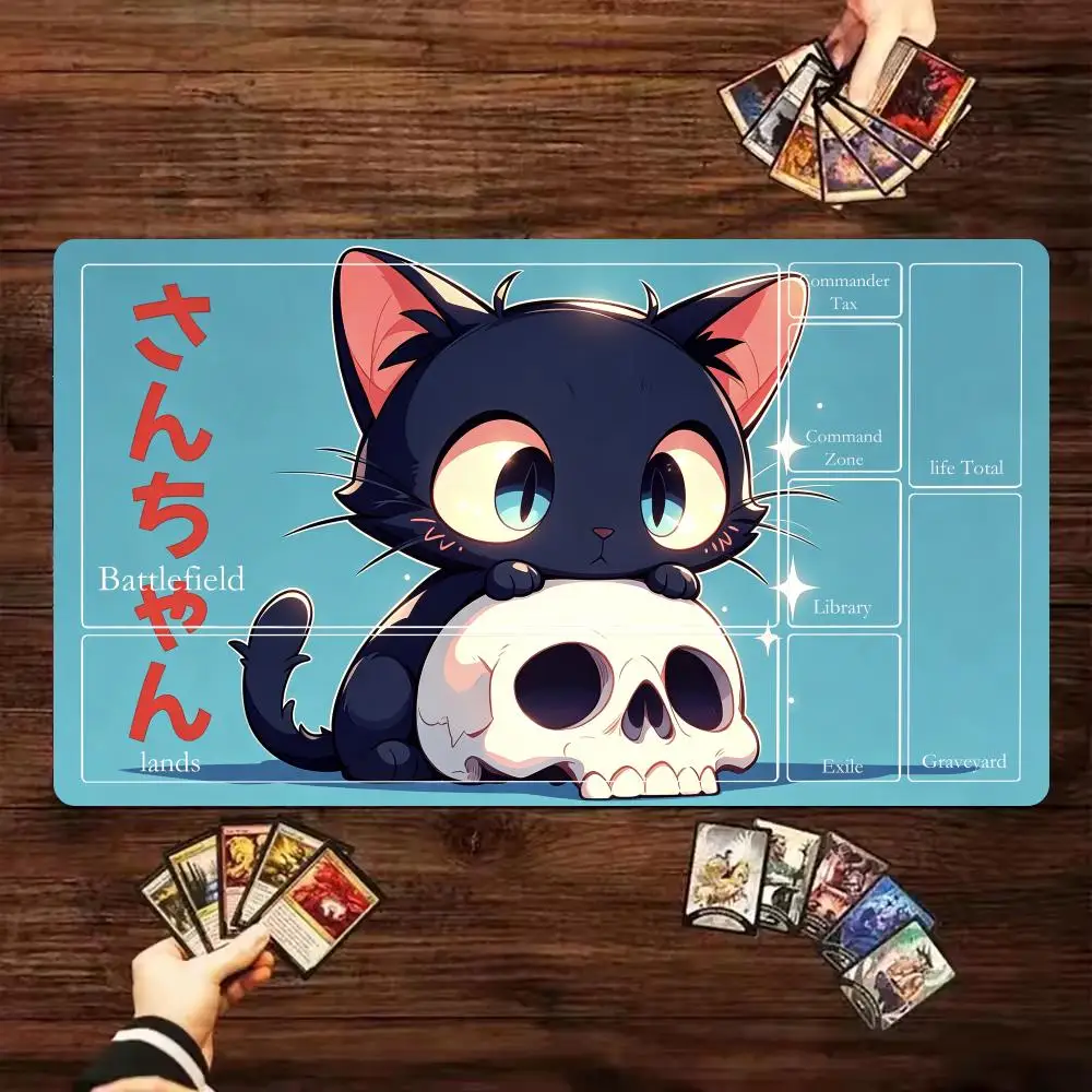 Kawaii Anime Black Cat Skull TCG Playmat With Zones Magic The Gathering Game Mat Cute Trading Card Game Mat Non-Slip Rubber Pad