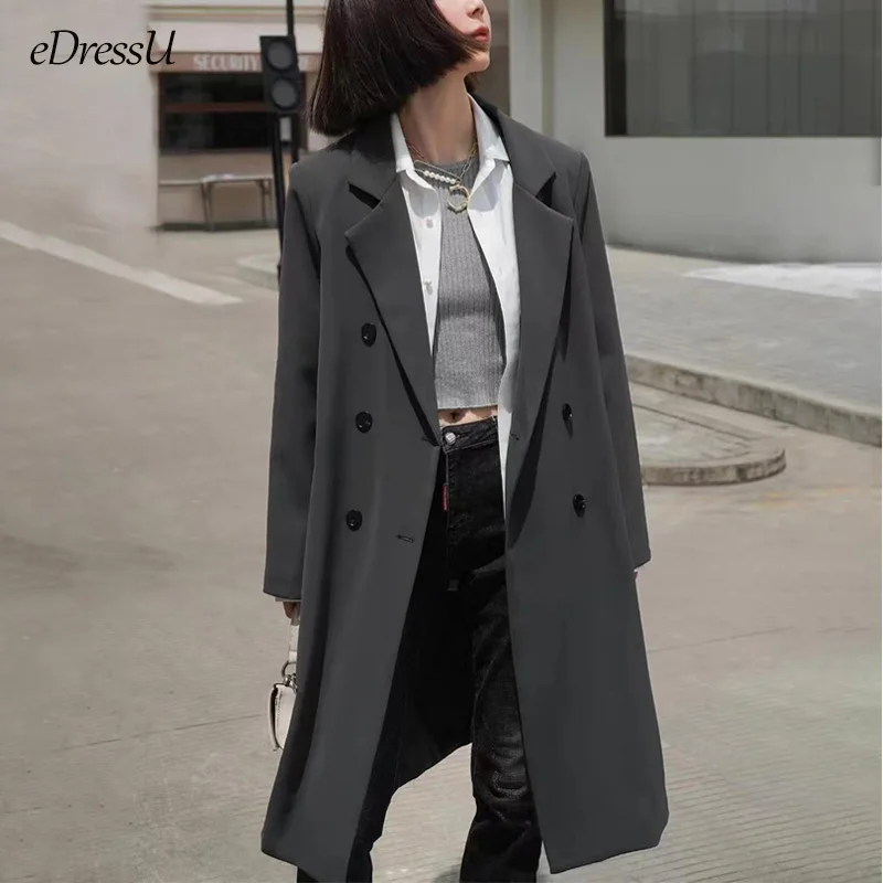 2023 Women Long Blazer Windbreaker Jacket Stylish Casual Suit Spring Grey Black Jacket Office Lady Business Outwear P-XZ01