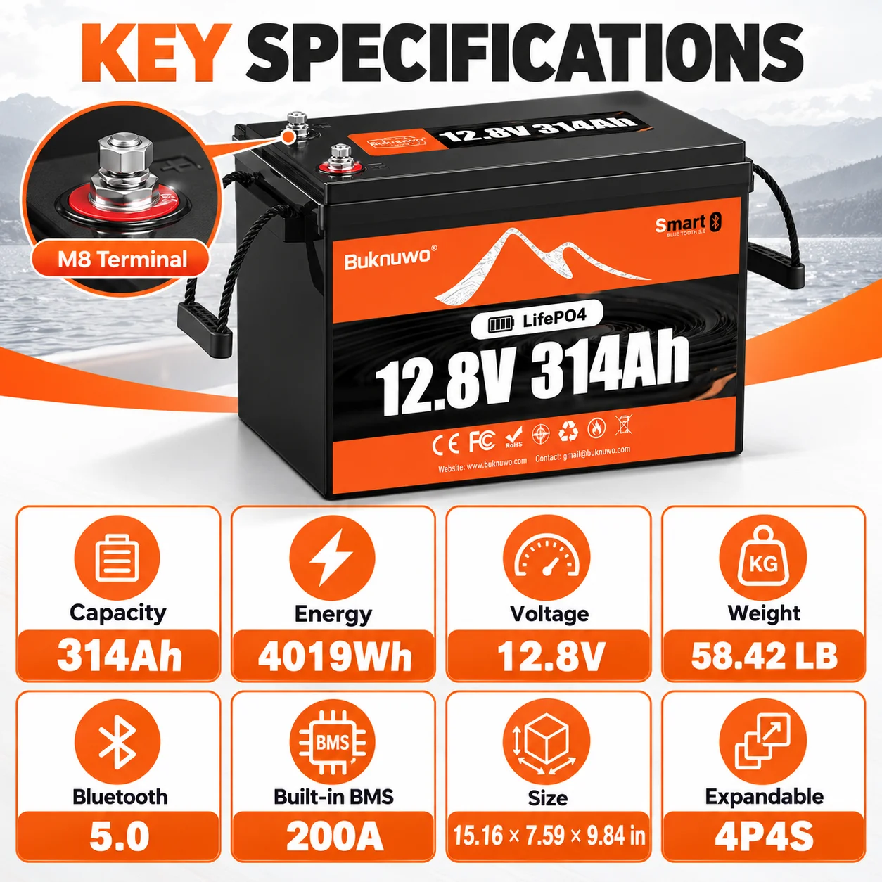 BUKNUWO 12.8V 314Ah Lithium Battery with Sub-Zero Low Temp Charging Protection 4019Wh Grade A Cells Smart BMS for Cold Weather Solar System RV Golf Cart
