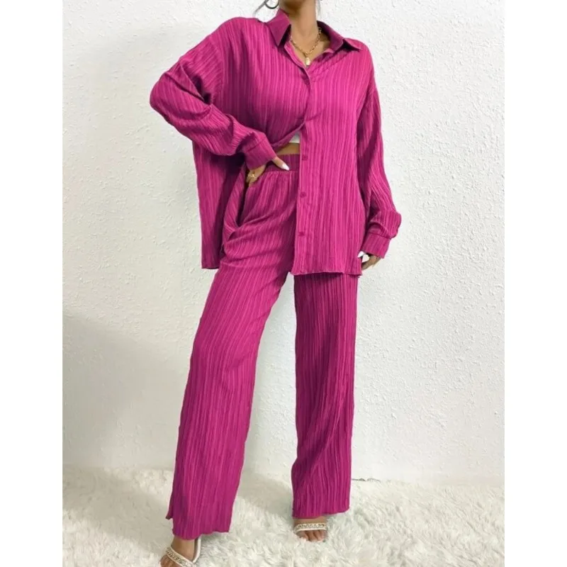 

Women Pant Sets Two Piece Turn Down Collar Solid Long Sleeve Single Breasted Pockets Casual Elastic Waist Wide Leg Pleated