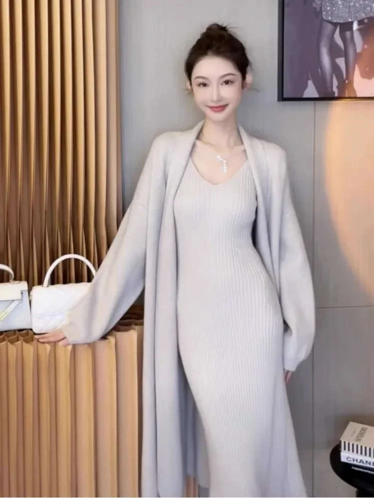 QNPQYX French Women Cardigan Solid Mid-Length Sweater Cardigan Female Jumpers Utumn Graceful Dress Two-piece Set