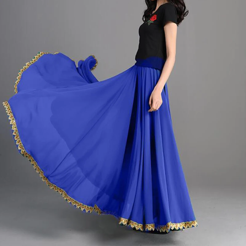 Damen-Tanzrock, 720-Grad-Design, einfarbig, für spanische Flamenco-Tänze, mit großem Schwung, hoher Taille, langer Rock, Kostüm für mexikanische Tänzerinnen. – Detail 18