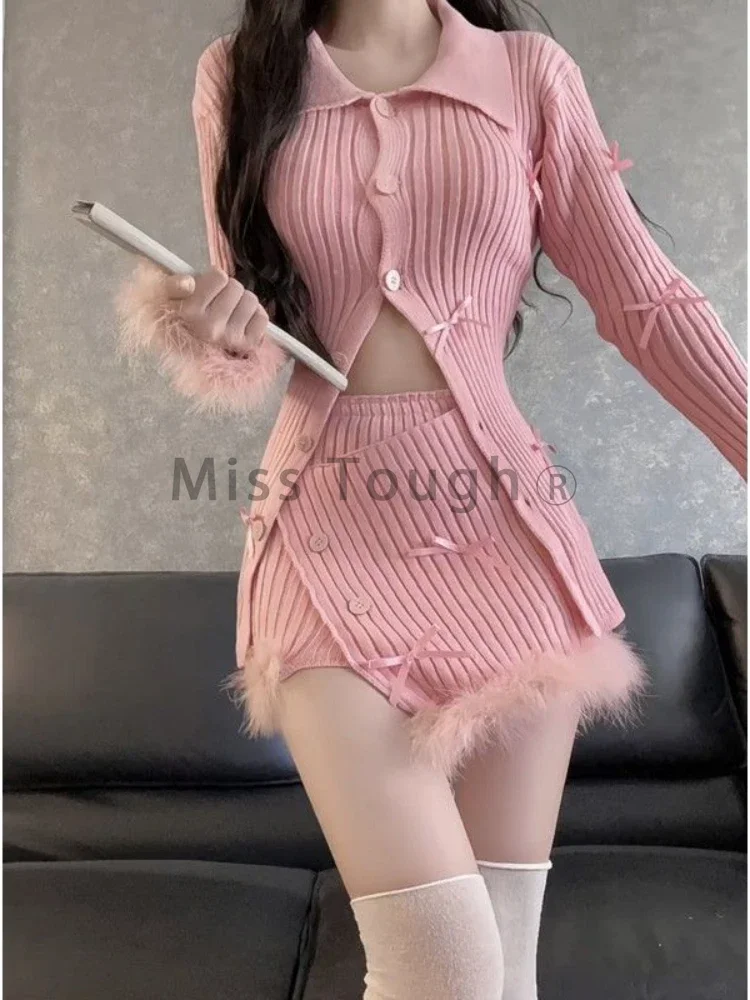 Winter Japanese Pink Kawaii Knit 2 Piece Set Women Patchwork Sweet Elelgant Mini Skirt Suit Female Korean Style Casual Suit 2023