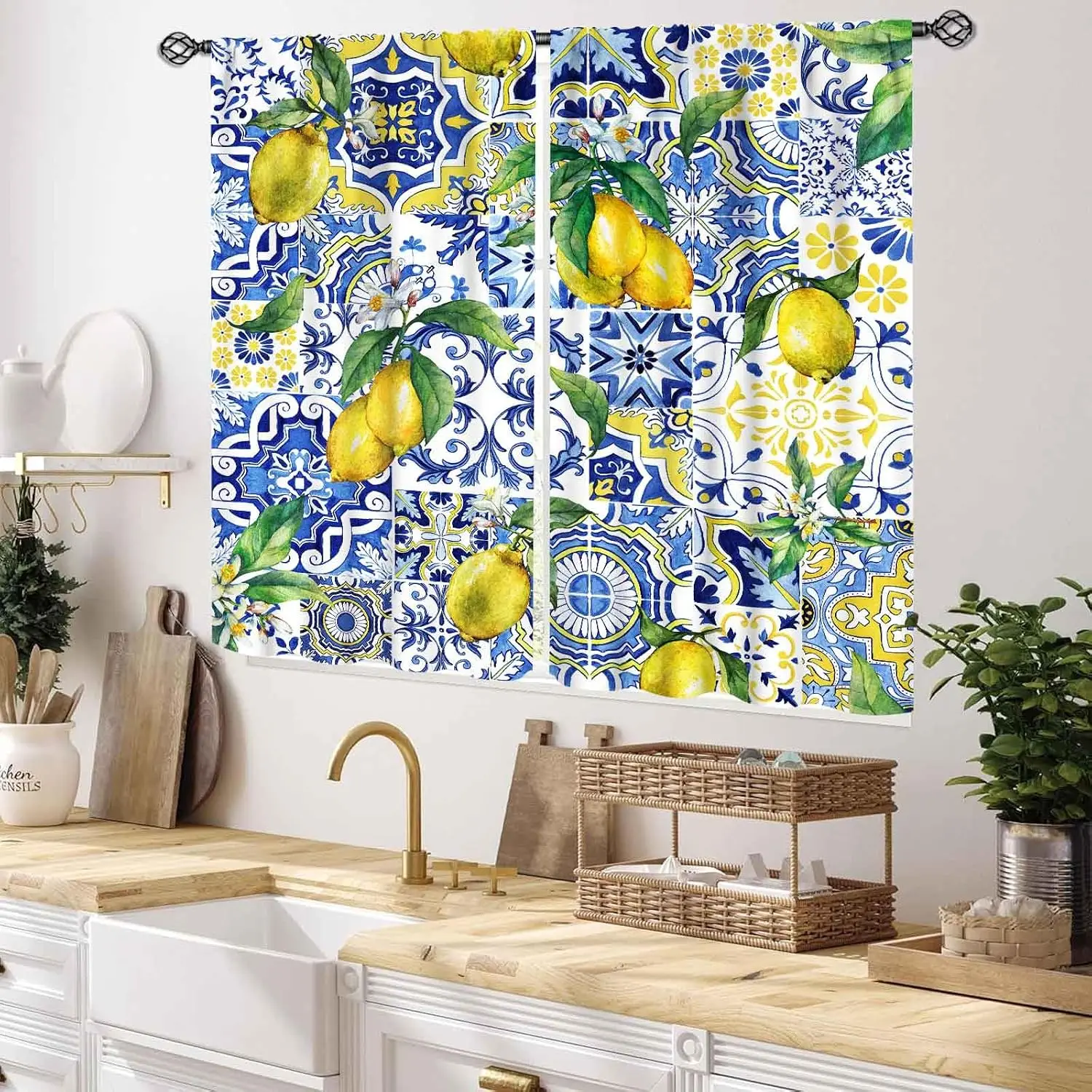Summer Coastal Blue Mosaic Tile Lemon Kitchen Curtain Fresh Citrus Bloom Green Leaf Print Drape For Balcony Cafe Lovely Chic