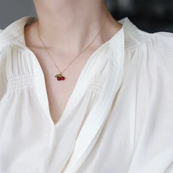 316L Stainless Steel New Fashion Fine Jewelry Japanese Korean Playful Cherry Charm Chain Choker Necklaces Pendants For Women