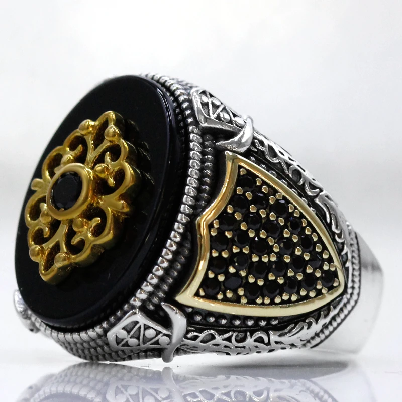 S925 Silver Antique Türkiye Natural Black Agate Men's Handmade Ring Religious Women Punk Luxury Jewelry Gift