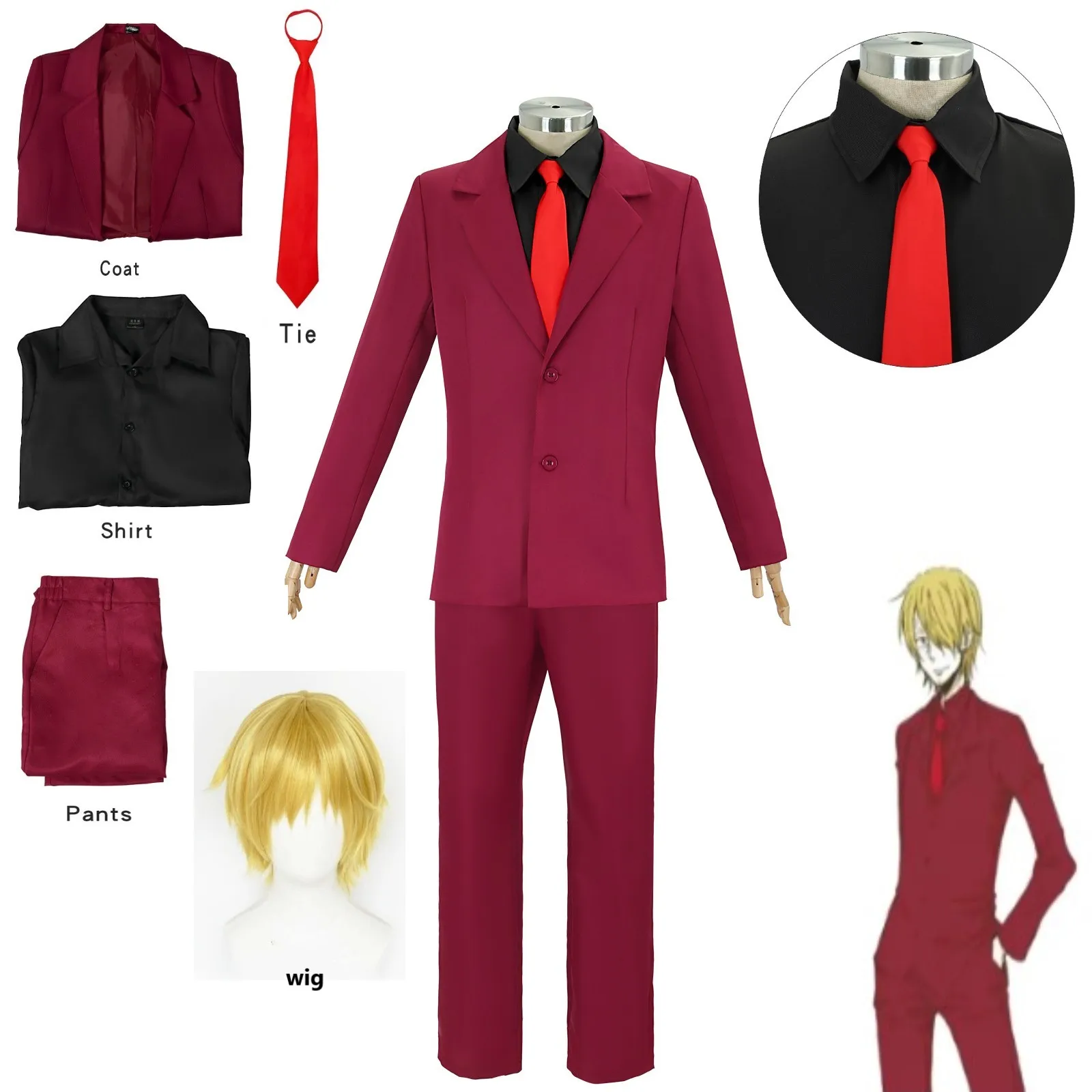 Sanji Cosplay Costume wig Anime One Piece Cos Shirt Long Pants Men Set Fantasy Red Uniform Halloween Party Disguise Suit Outfit