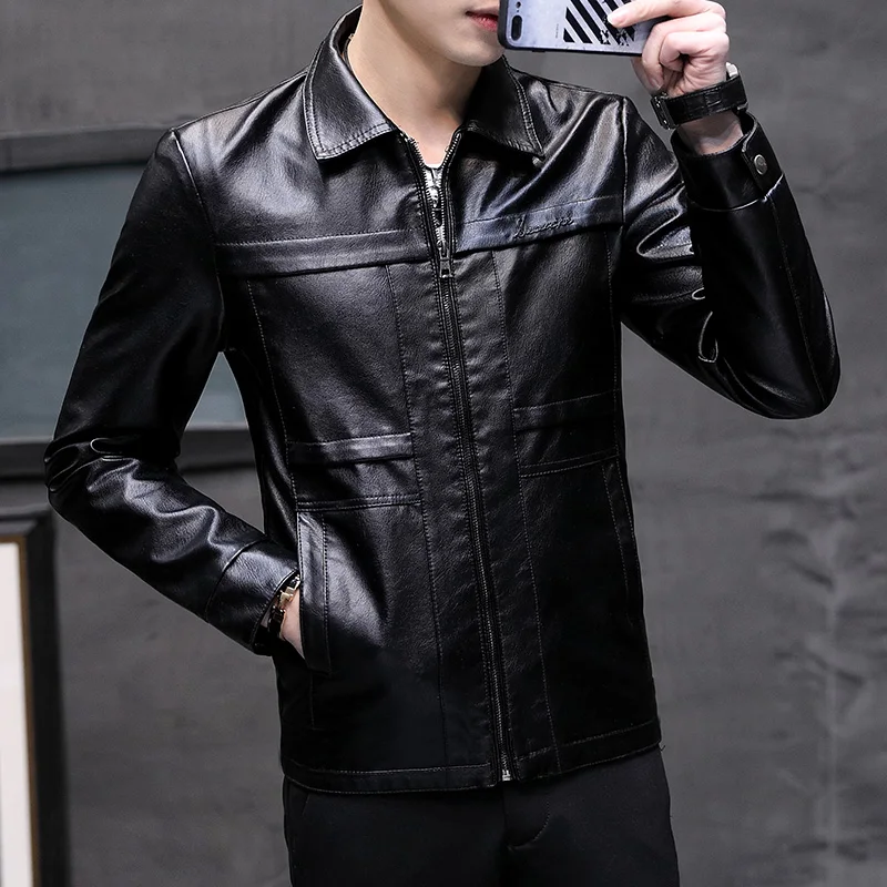 

Brand Fleece Warm Leather Jackets Men Korean Handsome Leather Jacket Motorcycle Trendy Leather Jacket Men Warm Lapel Jacket