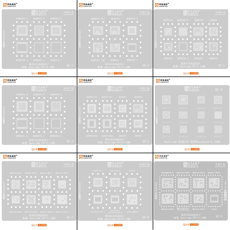 Amaoe QU1-9 BGA Reballing Stencil For 7 8 8S Gen MSM8994 8960 8974 MSM8998 SM8250 SM8450 SM8150 SM7150 888 845 Qualcomm CPU RAM