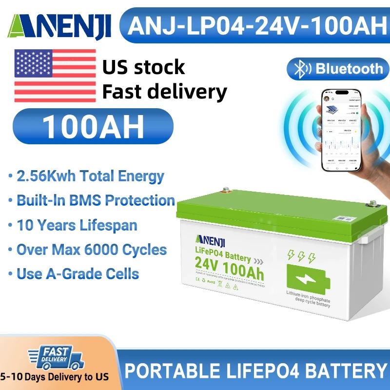 

Литиевая батарея ANENJI US 25.6V 100AH, 2.56KWh, для резервного питания, солнечных систем хранения энергии, домашнего использования, LiFePO4, BT.