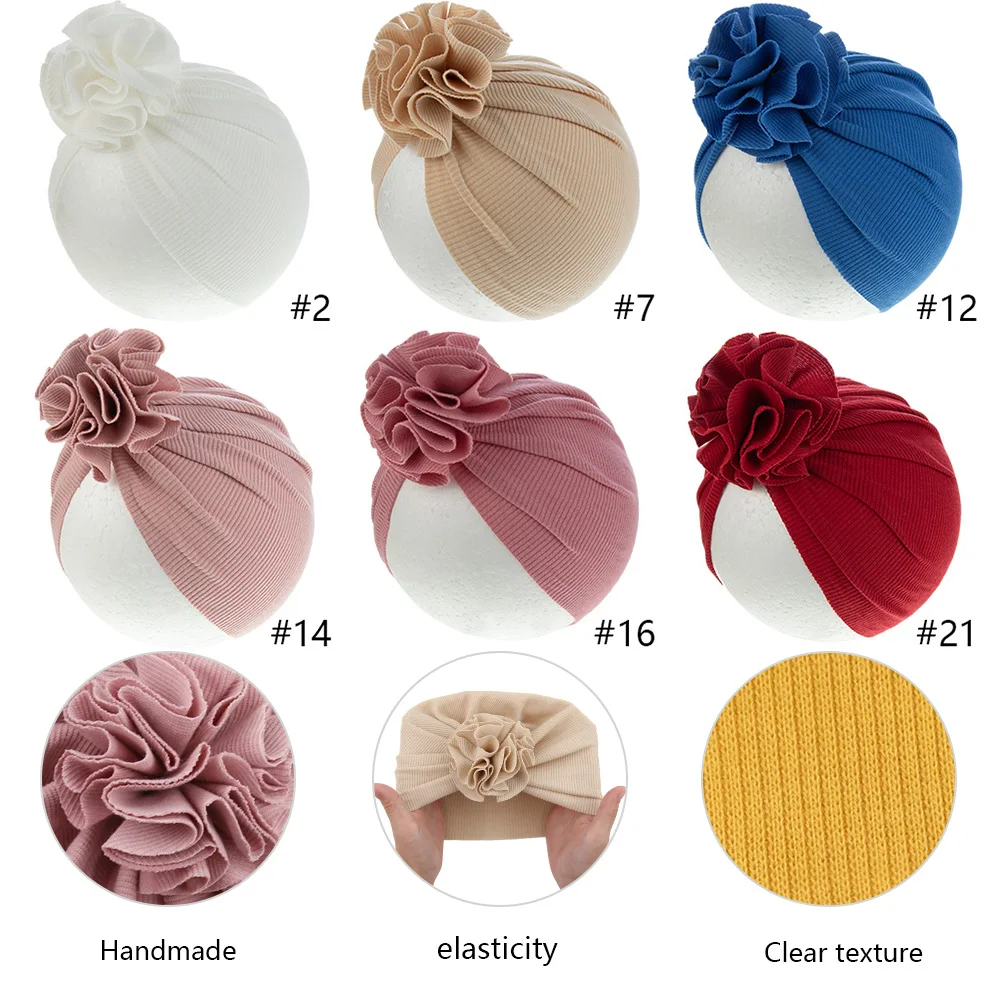 Cotton Ribbed Blossom Baby Turban Hats Elastic Solid Caps Beanies Bonnets Handmade Newborn Kids Boys Girls Headwraps Headwear