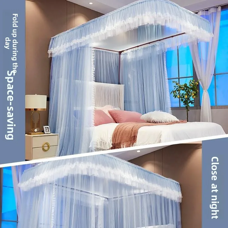 U-Shape Bed Curtain Stand Stainless Steel Thickened Floor-Mounted Retractable Mosquito Net Bracket for Bedroom Home Use