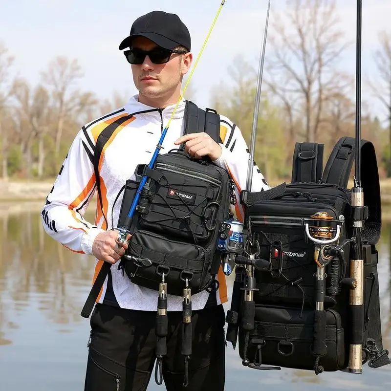 Plecak wędkarski na sprzęt z uchwytem na wędki, duża pojemność, wodoodporny, kamuflażowy plecak podróżny na ramię.