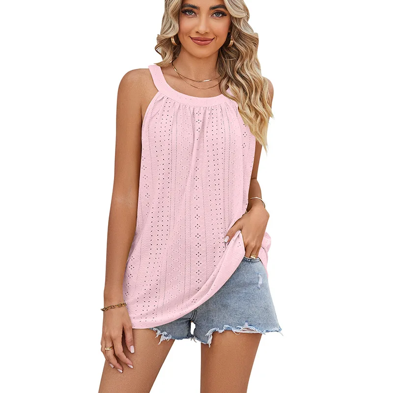 2024 Summer Women's Loose Round Neck Wrinkled Eyelet Vest Sleeveless Suspender T-Shirt For Women