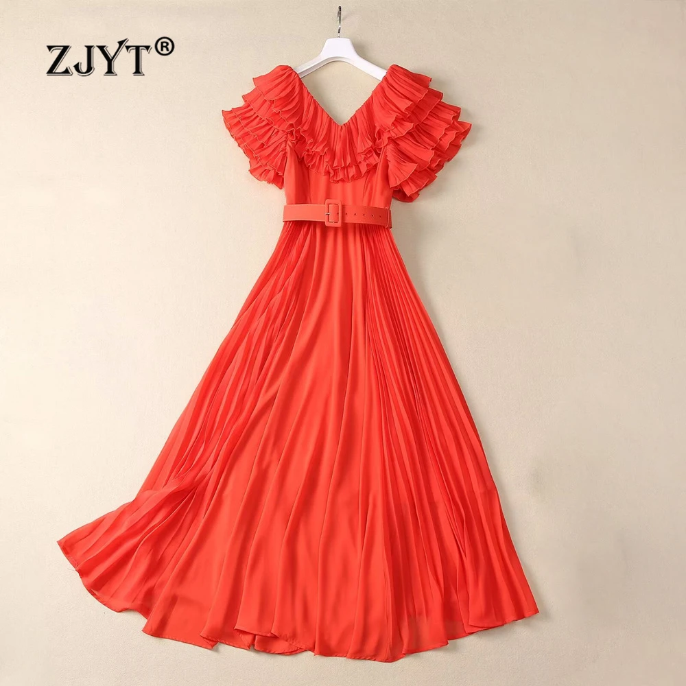 

ZJYT Runway 2025 Spring Summer Long Maxi Dresses Chiffon Women Elegant Ruffles Empire Pleated Evening Party Dress Black Vestidos