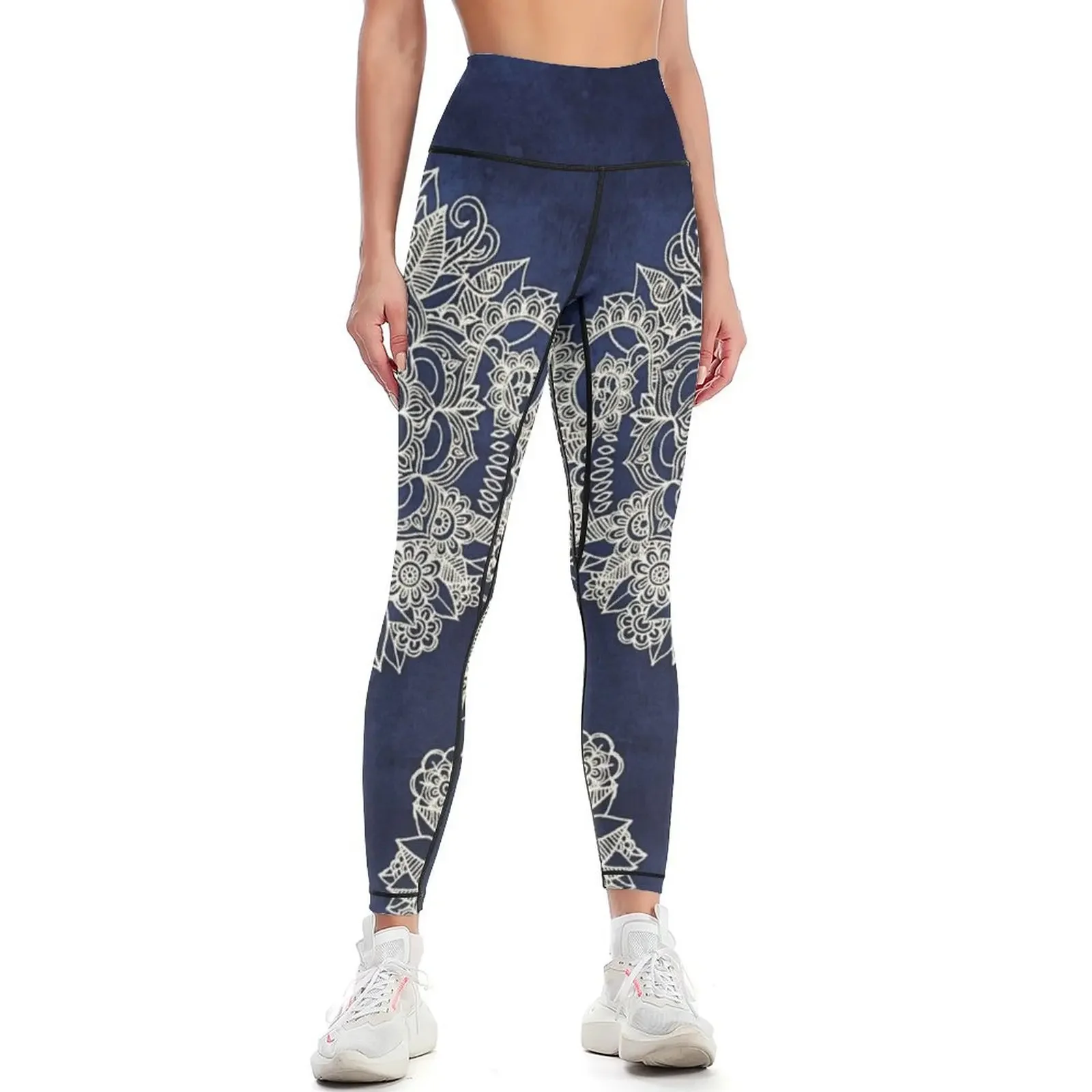 

Cream Floral Moroccan Pattern on Deep Indigo Ink Leggings Women's trousers sports woman gym Women's pants Womens Leggings