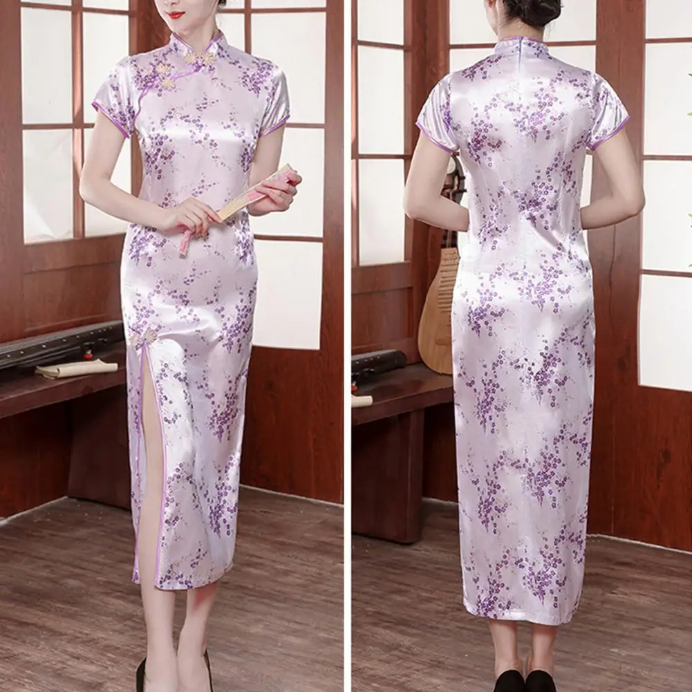 Elegante falso cetim cheongsam longo, estilo vintage, gola, manga curta, qipao, estampa de flores, especial