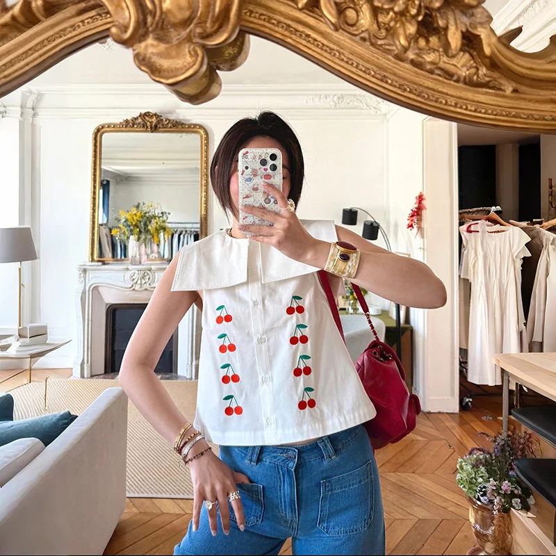 

Summer New Women's White Cherry Embroidery Navy Collar Short Shirt French Style Loose Fit Cotton Sleeveless Top Female