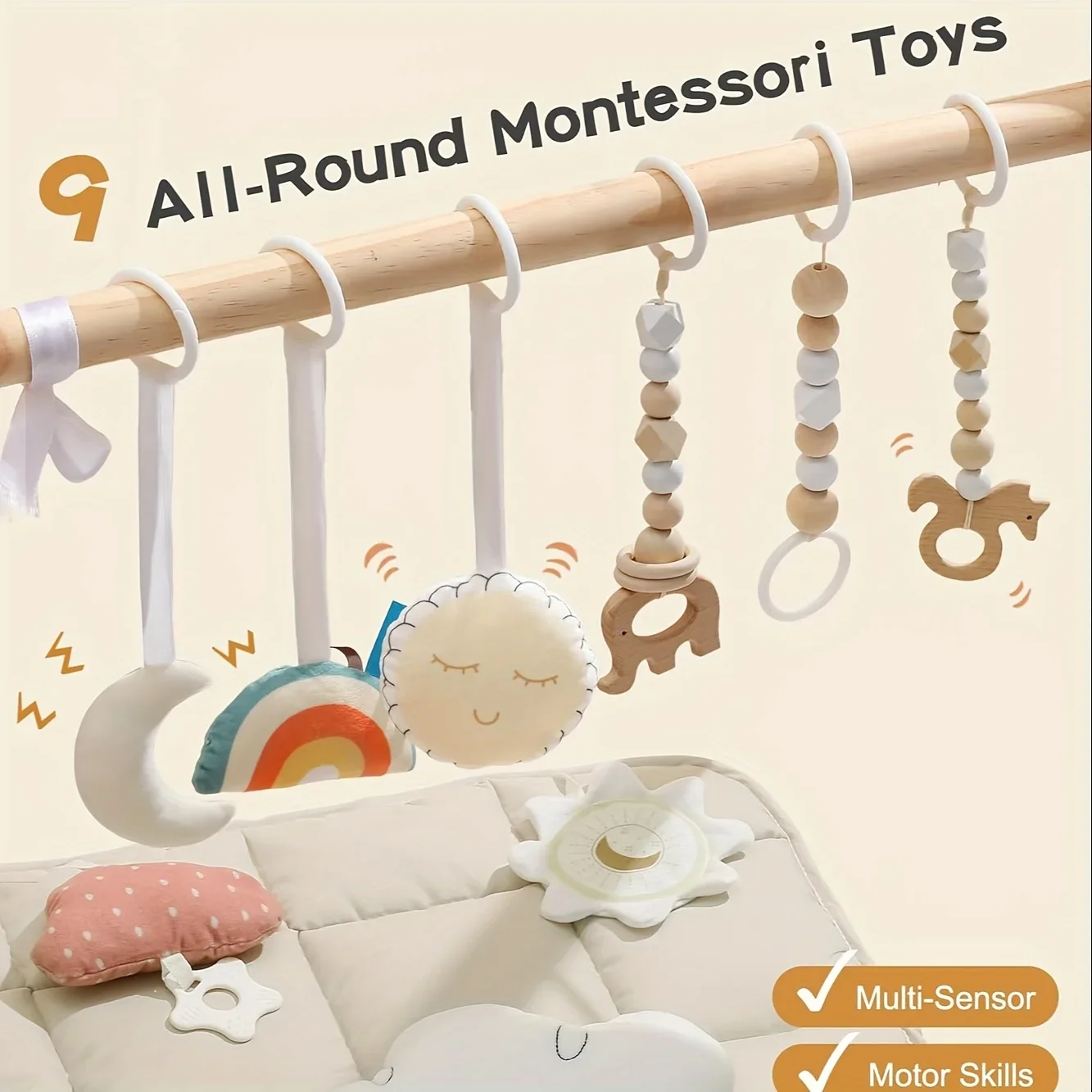 Wooden Play Gym With 9 Sensory Toys, Foldable Baby Play Gym With Mat, Frame Activity Center, Natural Pine Wood, Montessori Toys