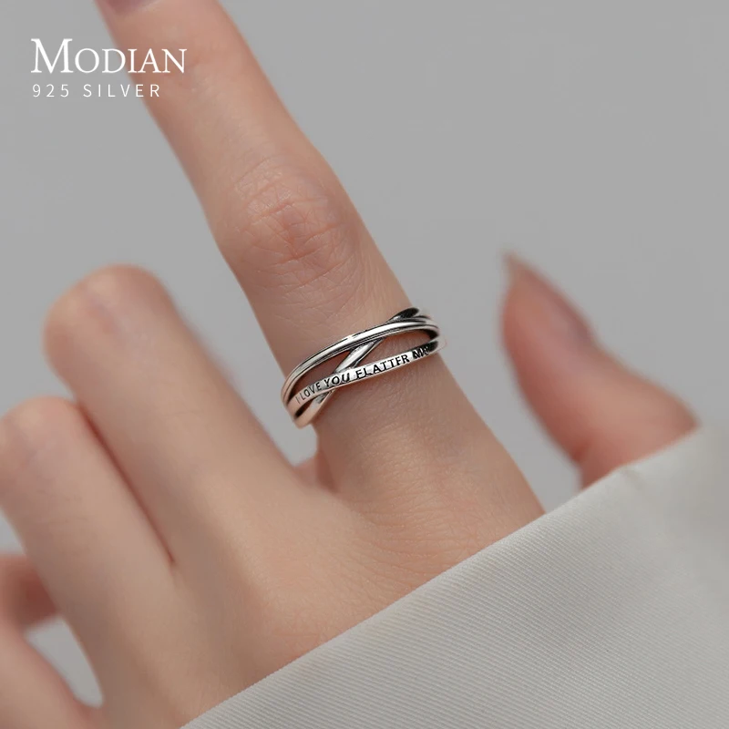 MODIAN 925 Sterling Silver Geometric Cross Line Finger Ring Adjustable Open Size Rings For Women Romantic Letter Jewelry Gifts