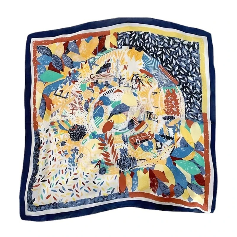 

Fashion Silk Scarf Flower Print Headwrap Women Square Shawl Wrap for Vacation 6XDA