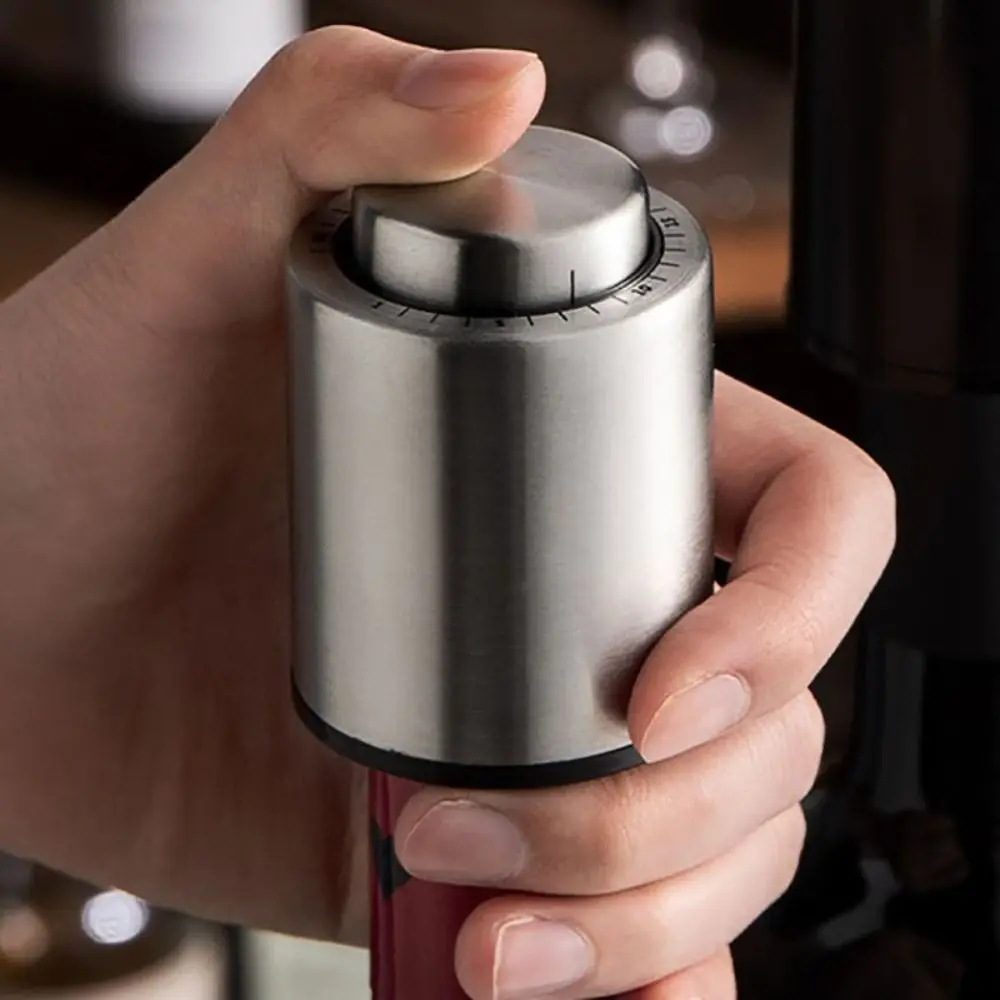 

Stainless Steel Vacuum Wine Stoppers with Time Scale Press Type Wine Bottle Stoppers Silver Reusable Wine Preserver Wine Cabinet