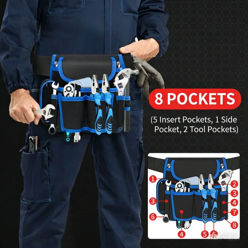 One-Piece Red, Blue, and Yellow Electrician's Bag Made of Oxford Cloth, Small Waist Bag, Electrician's Tool Bag for Men, Thickened Large Multifunctional Home Appliance Repair Waist Bag view 4