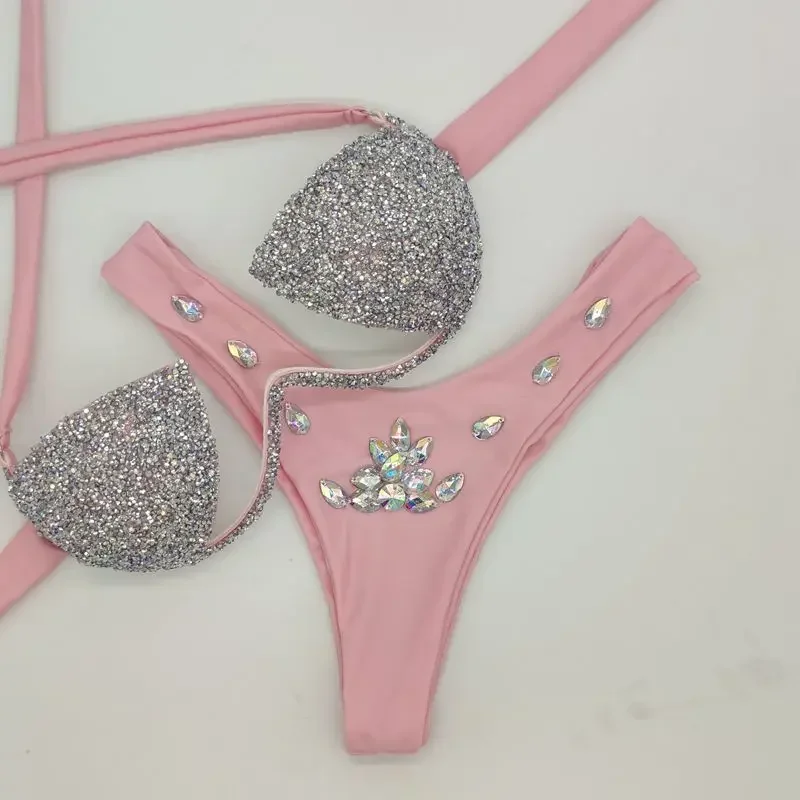 Rhinestone Bikini Set New Bling Stones Swimsuit 2 Pieces Set Sexy Women Push Up Beachwear Party Swimsuit Luxury Bathing Suit