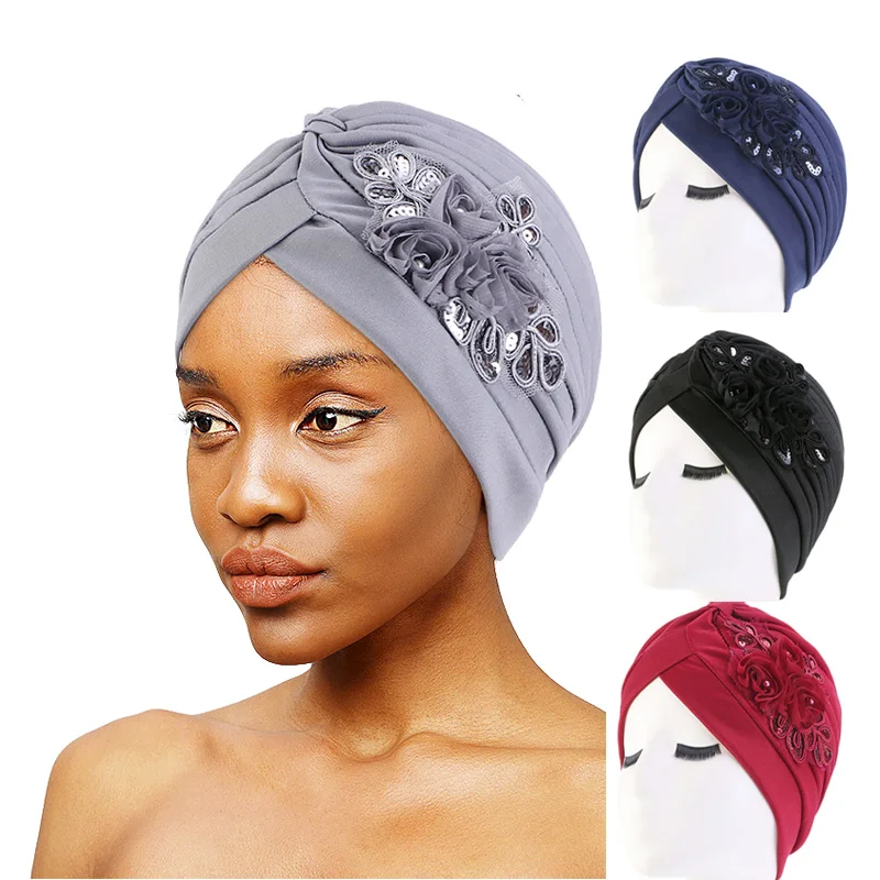 New Flower Decoration Turban Solid Color For Women Fashion Hair Wear Head Wrap Ladies Headwear Cancer Hats India Cap Bandana